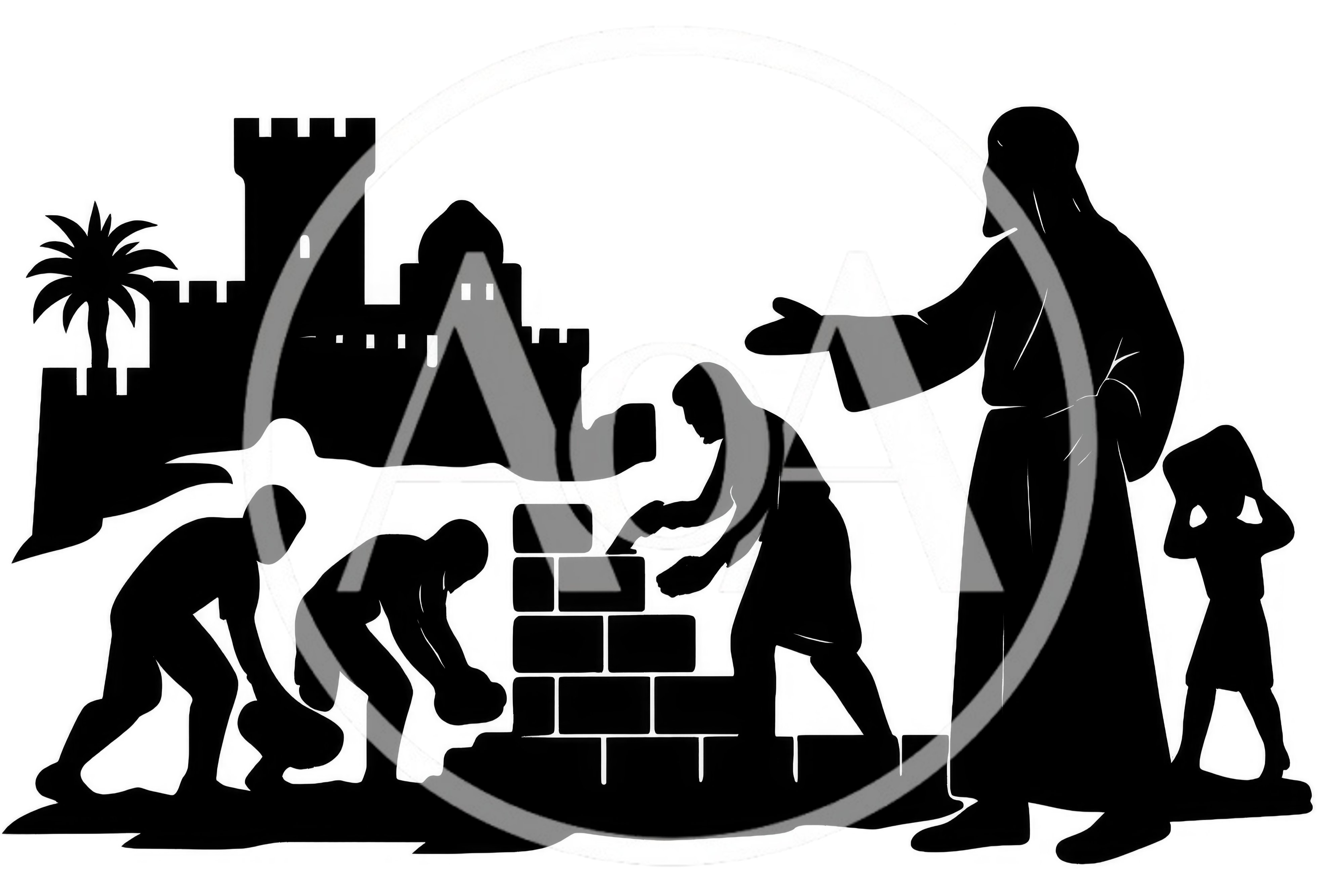 Silhouette Illustration Of Biblical Construction Workers Building A Wall