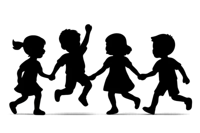 Silhouettes Of Four Children Holding Hands And Playing