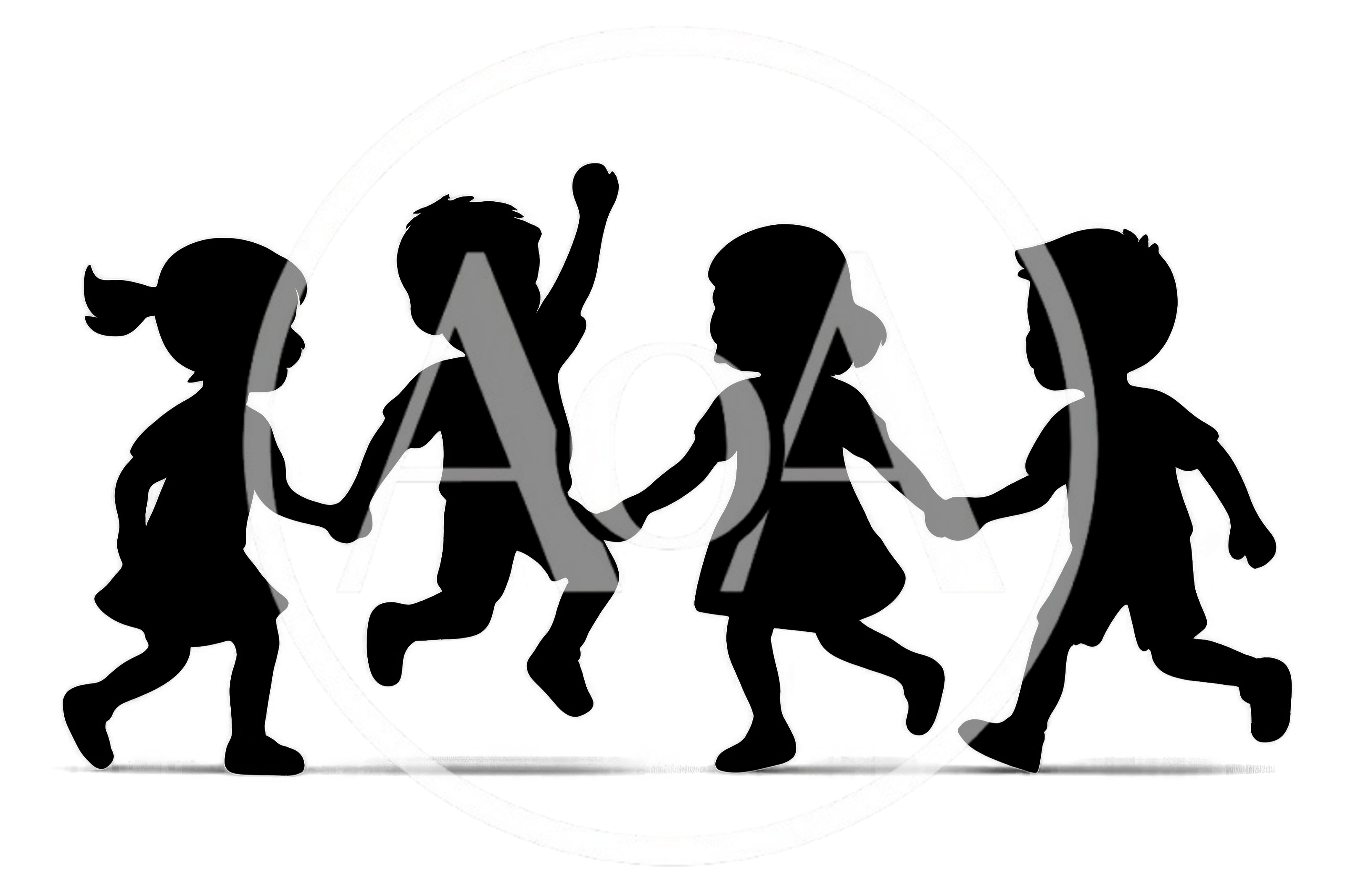 Silhouettes Of Four Children Holding Hands And Playing