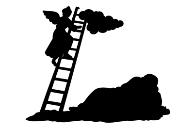 Silhouette Of An Angel Climbing A Ladder To Clouds