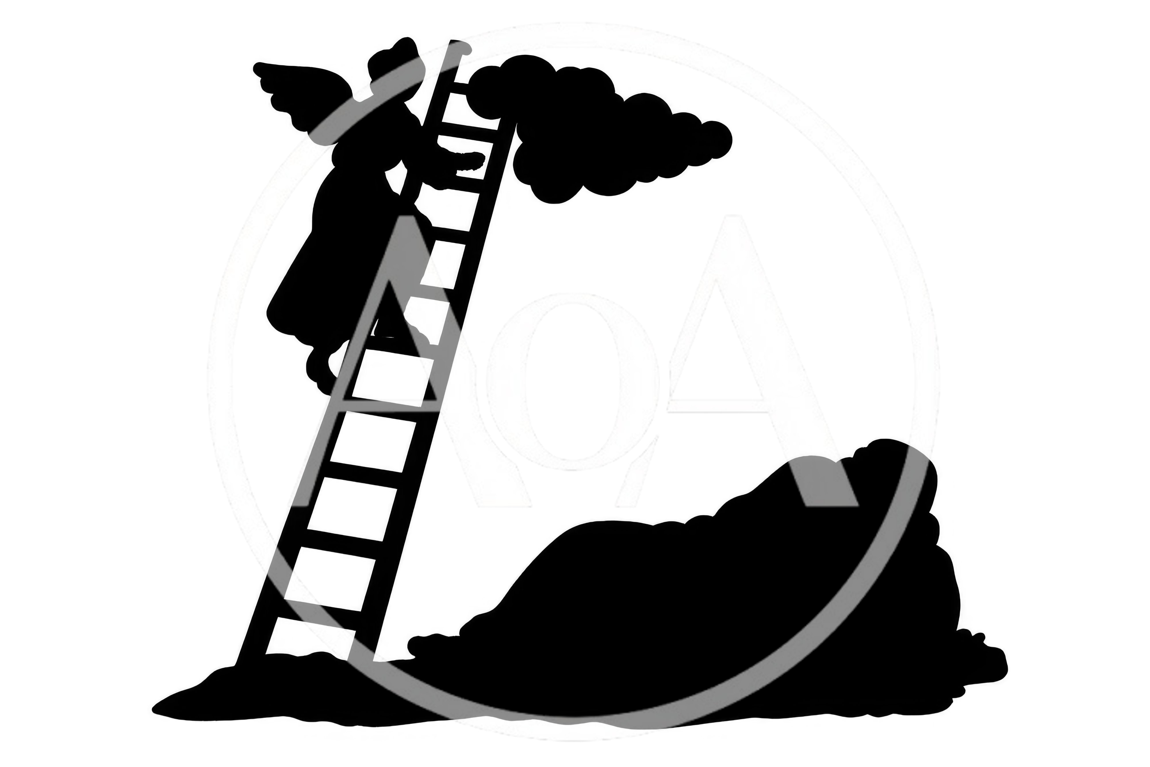 Silhouette Of An Angel Climbing A Ladder To Clouds
