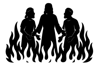 Biblical Silhouette Of Three Figures In A Fiery Furnace