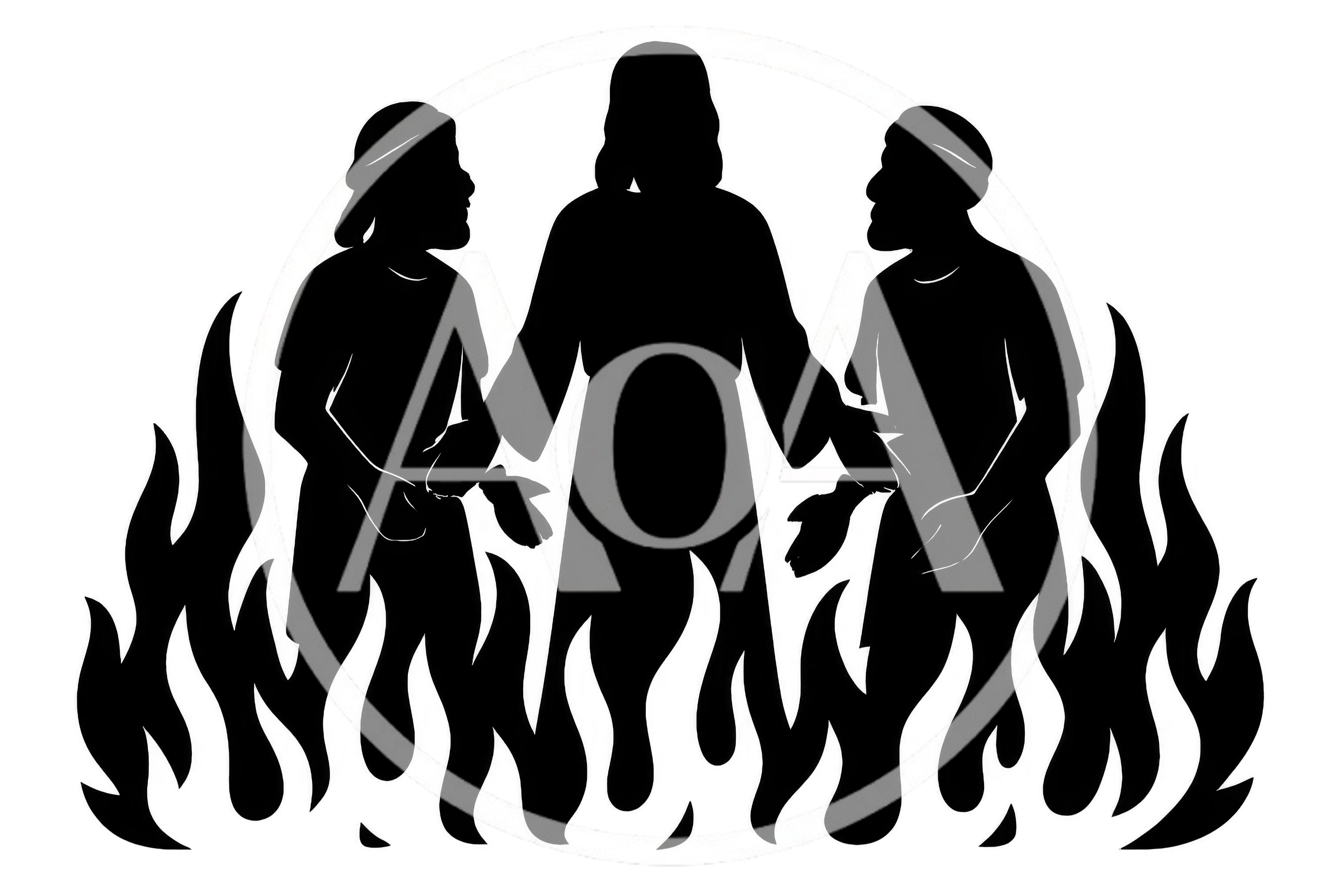 Biblical Silhouette Of Three Figures In A Fiery Furnace