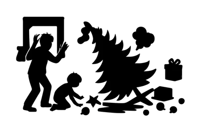 Silhouette Of Children Playing With A Fallen Christmas Tree