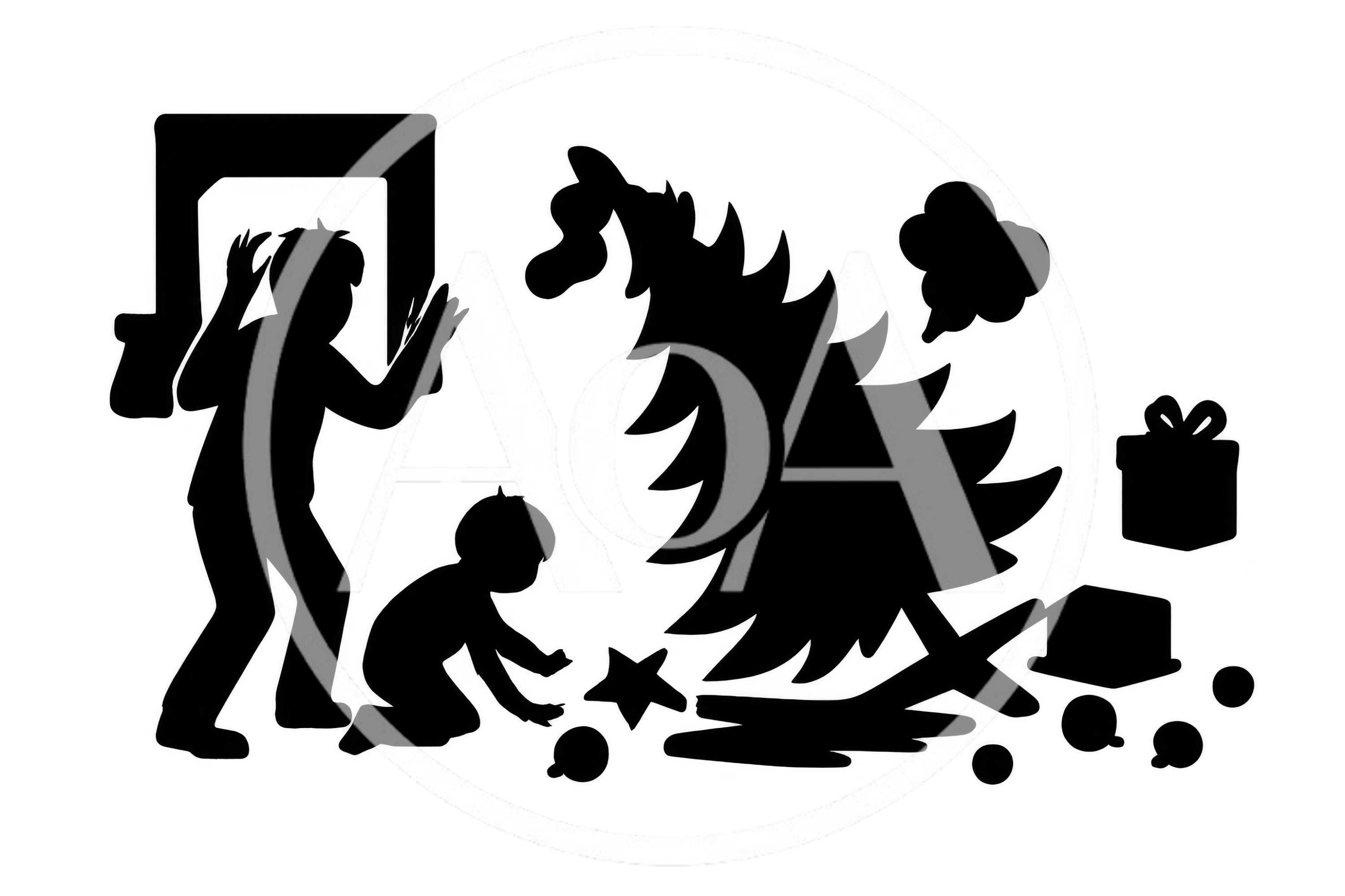 Silhouette Of Children Playing With A Fallen Christmas Tree