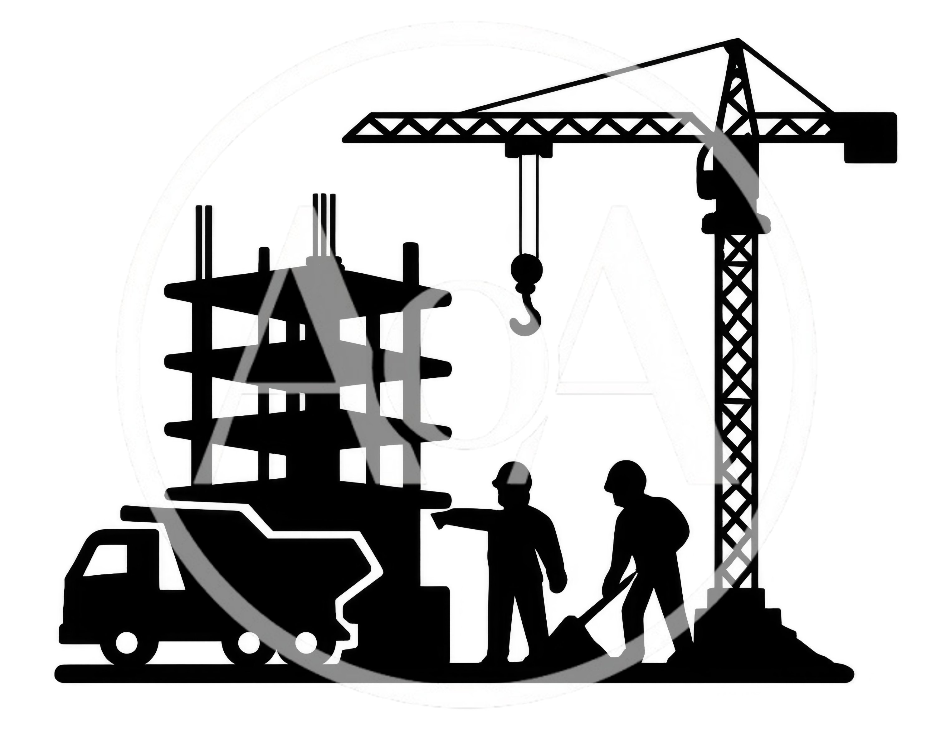 Construction Site Silhouette With Workers And Crane