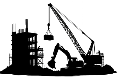 Construction Site Silhouette With Crane And Excavator