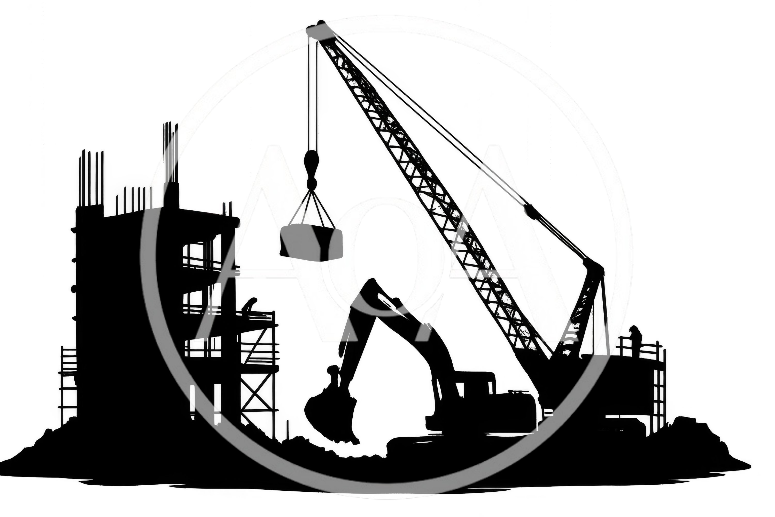 Construction Site Silhouette With Crane And Excavator