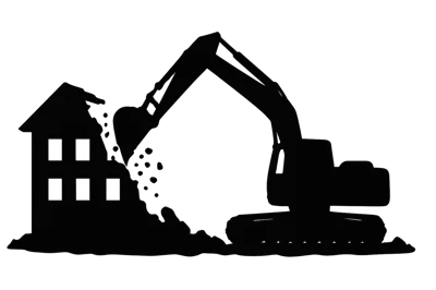 Black Silhouette Of An Excavator Demolishing A House