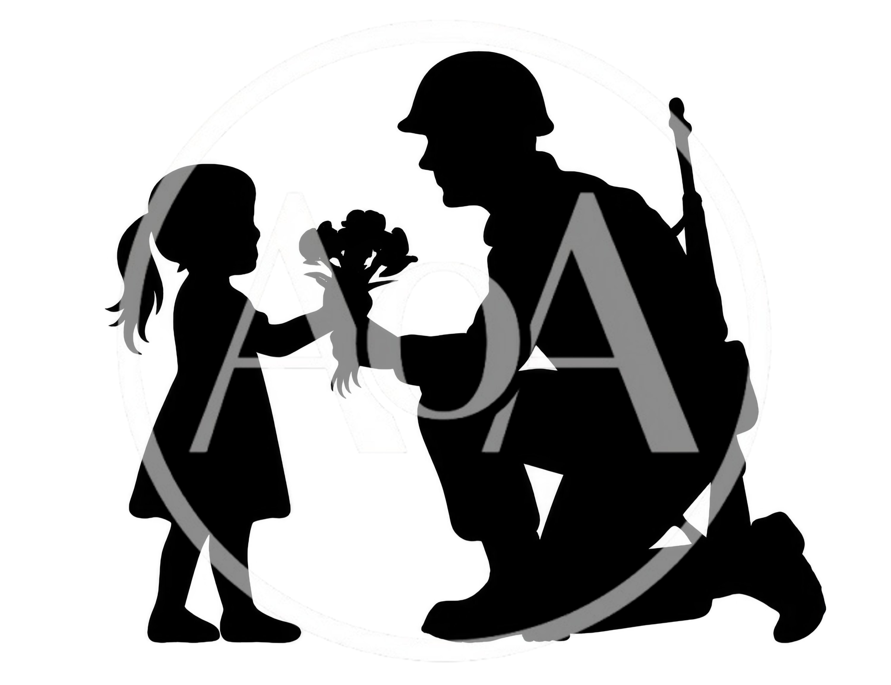 Silhouette of a Soldier Receiving Flowers from a Child