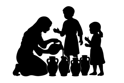 Silhouette Of A Woman Pouring Water Into Clay Jars