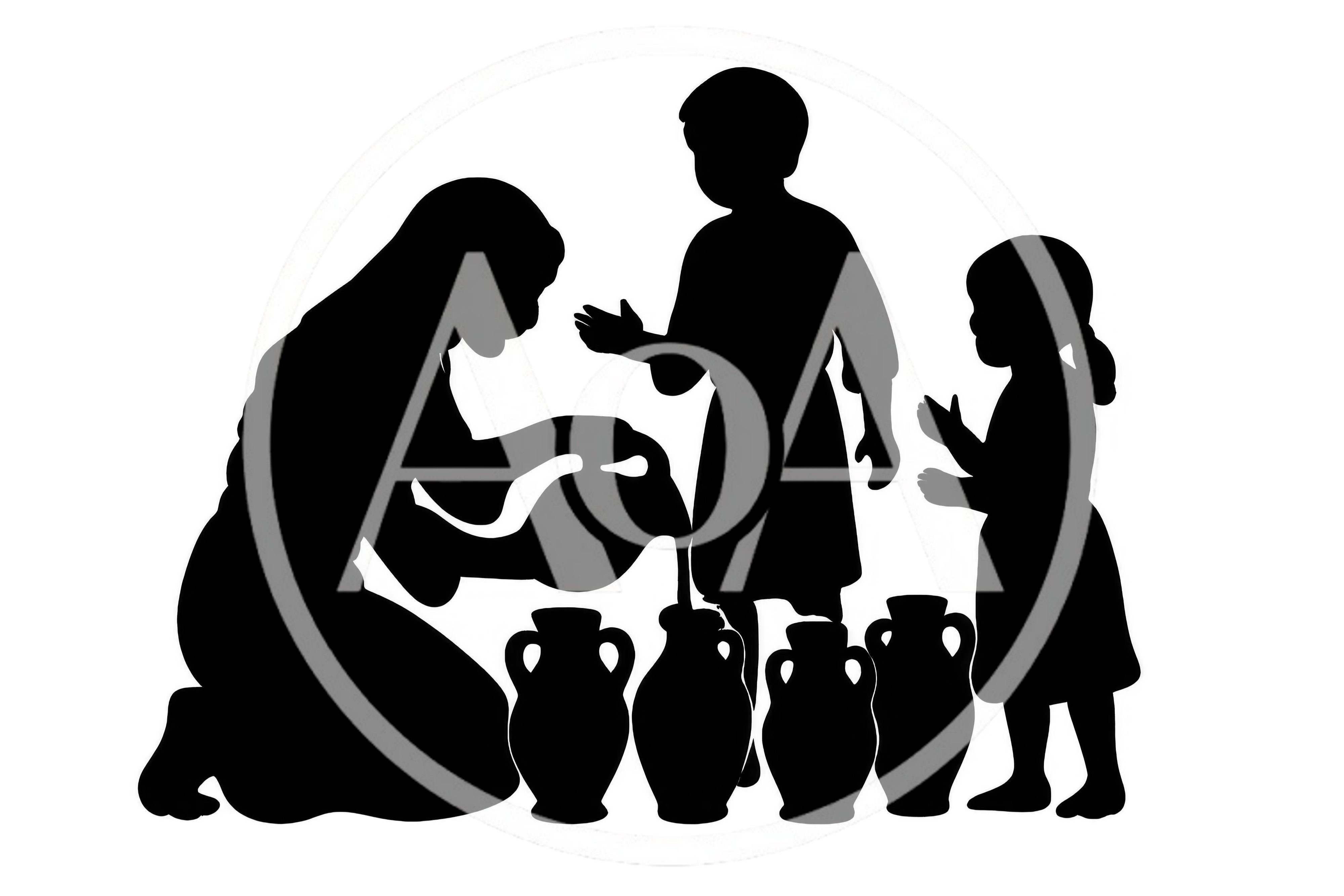 Silhouette Of A Woman Pouring Water Into Clay Jars