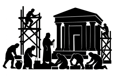 Silhouettes Of Ancient Builders Constructing A Classical Temple