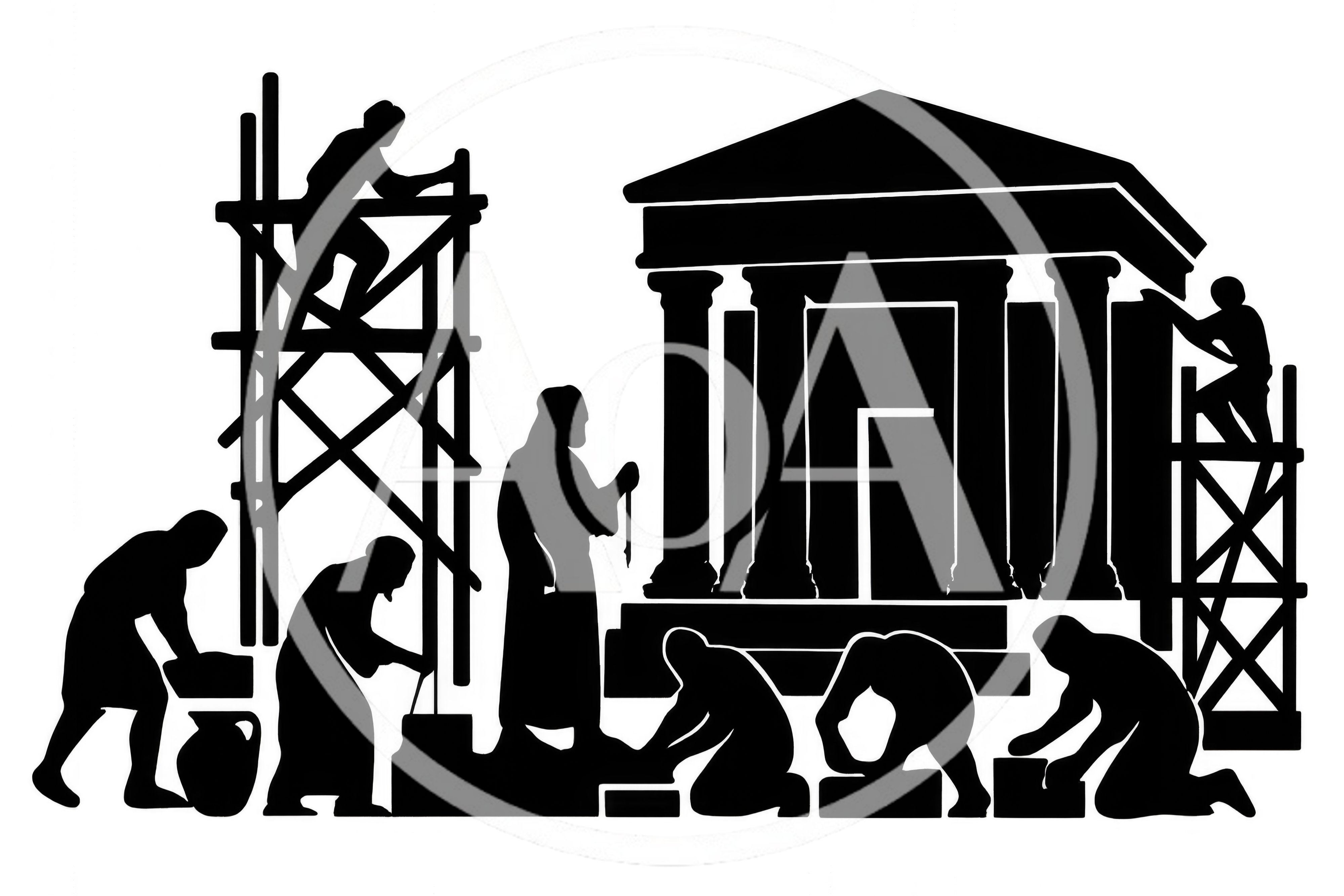 Silhouettes Of Ancient Builders Constructing A Classical Temple