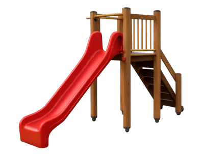 Wooden Playground Slide With Red Plastic Chute