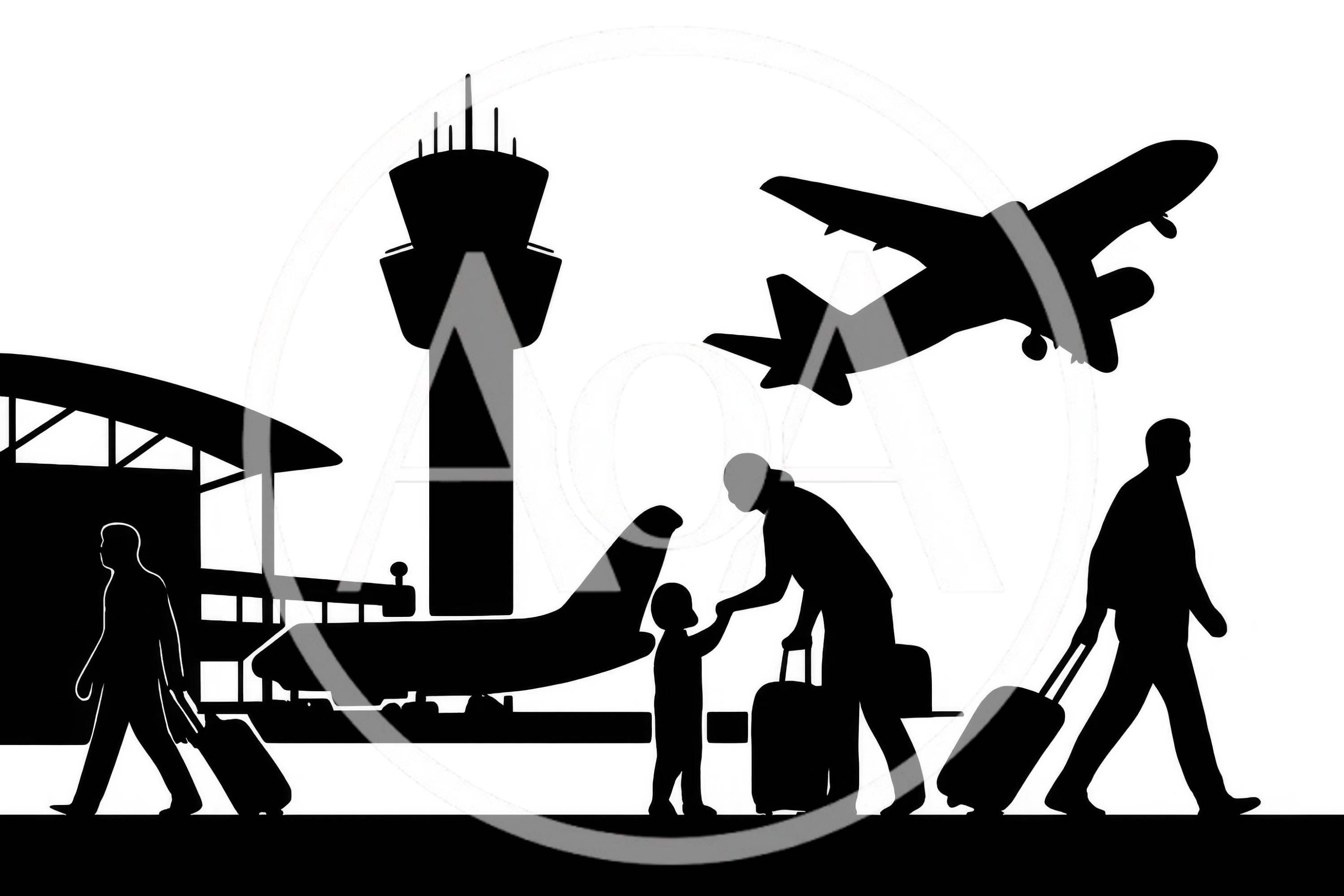 Airport Silhouette With Travelers And Airplane