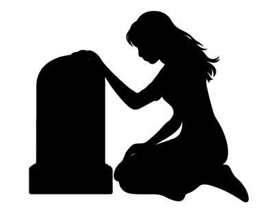 Silhouette Of A Woman Kneeling At A Gravestone