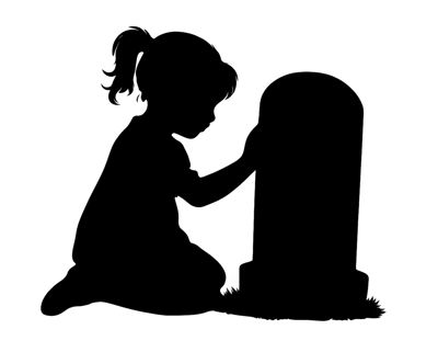 Silhouette Of A Young Girl Kneeling By A Gravestone