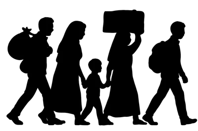 Silhouette Of A Refugee Family Walking Together