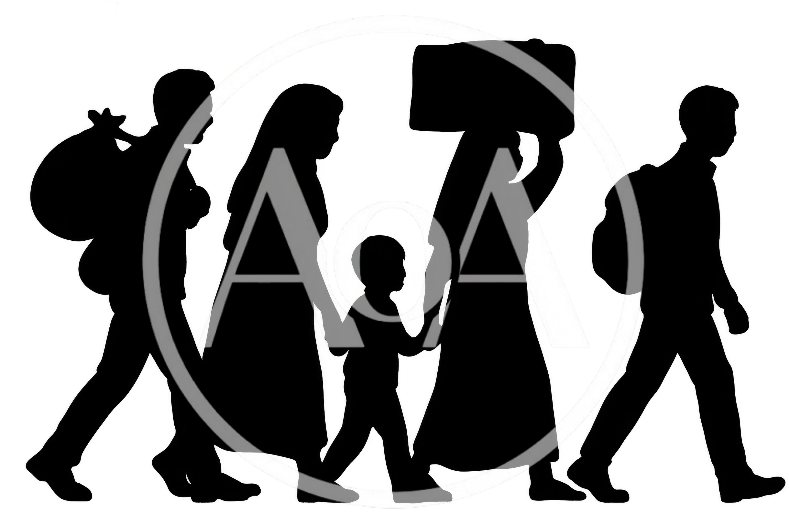 Silhouette Of A Refugee Family Walking Together
