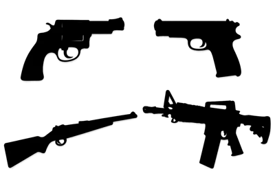 Black Silhouettes Of Various Firearms On White Background