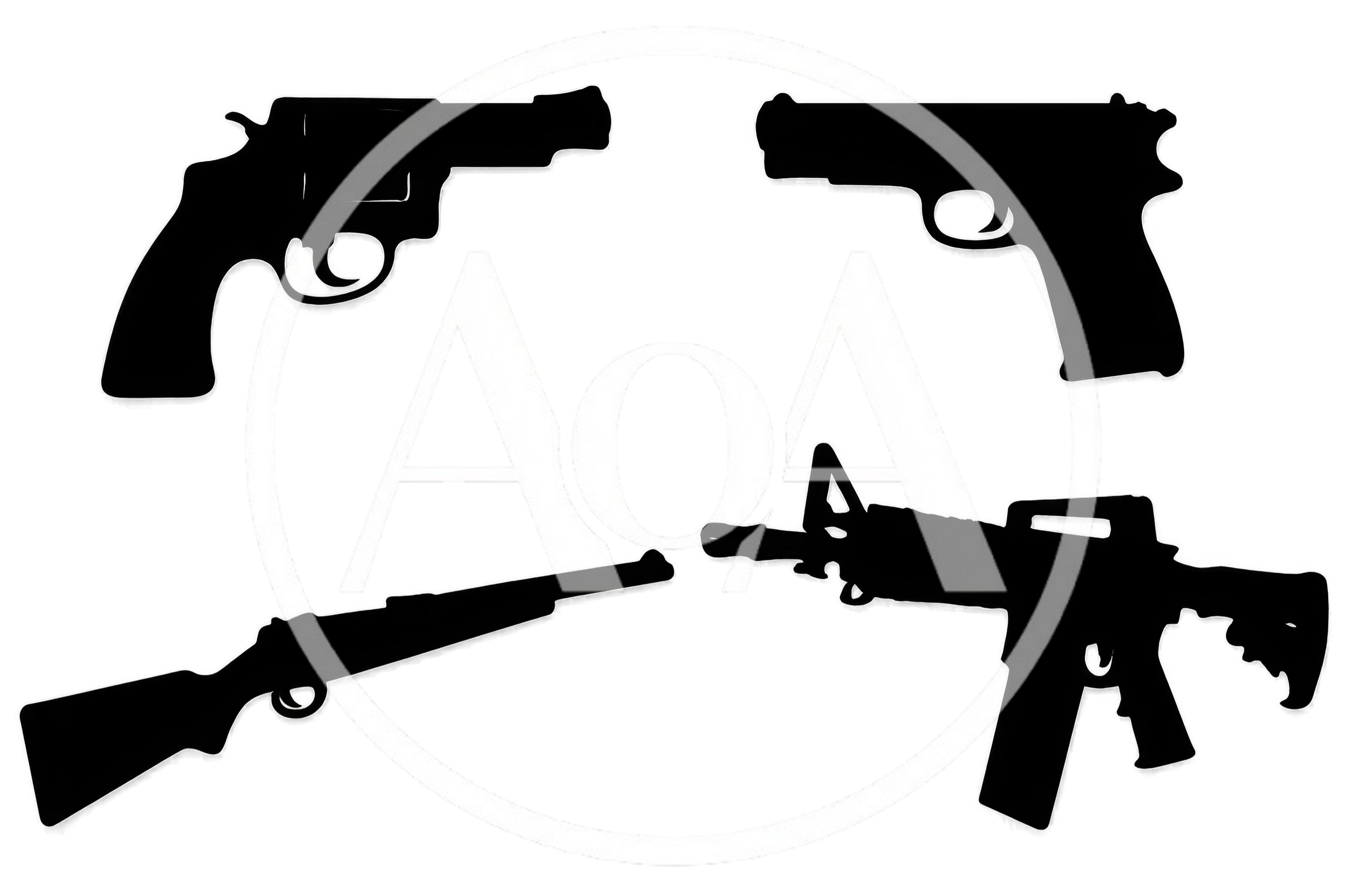 Black Silhouettes Of Various Firearms On White Background