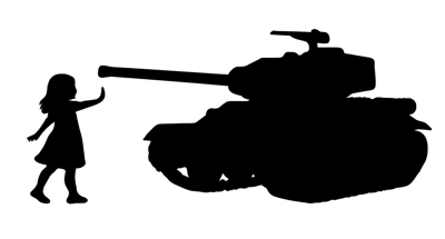Silhouette Of A Young Girl Facing A Military Tank