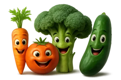 Anthropomorphic Cartoon Vegetables With Happy Smiling Faces