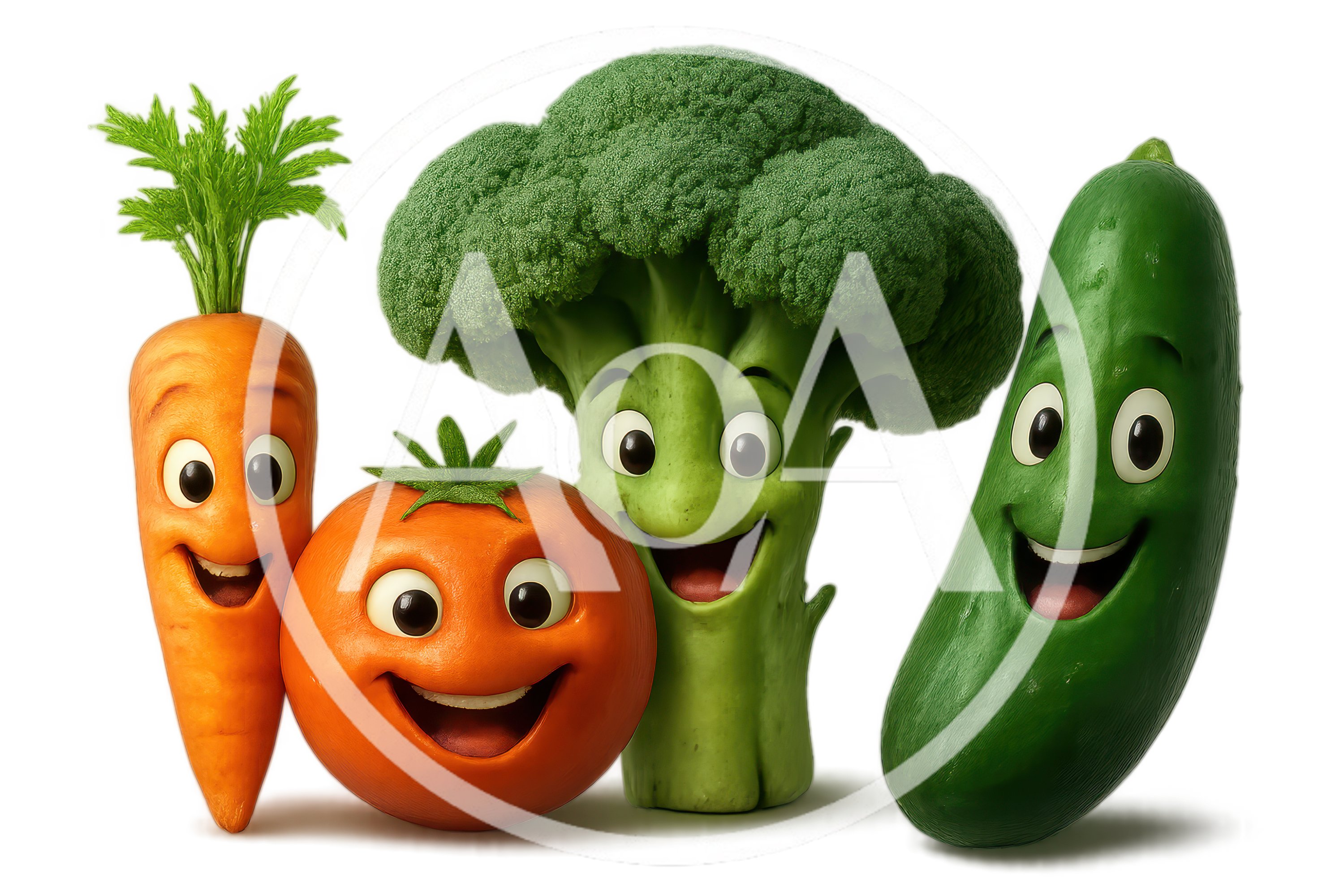 Anthropomorphic Cartoon Vegetables With Happy Smiling Faces