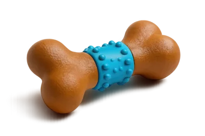 Brown Rubber Dog Bone Toy With Blue Textured Center