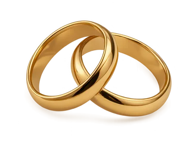 Two Interlocked Gold Wedding Rings On White Background
