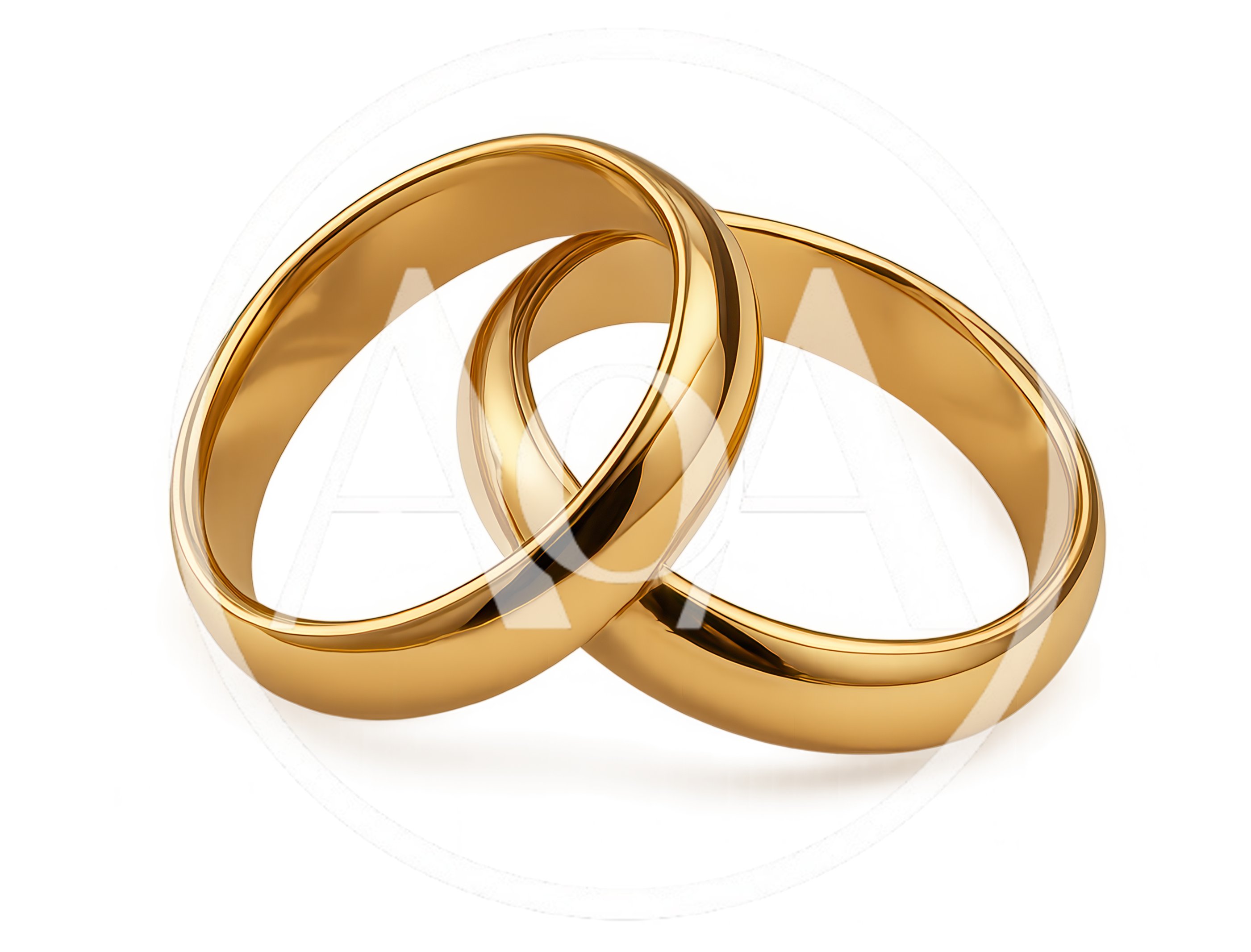 Two Interlocked Gold Wedding Rings On White Background