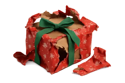 Torn Red Christmas Gift Box With Green Ribbon