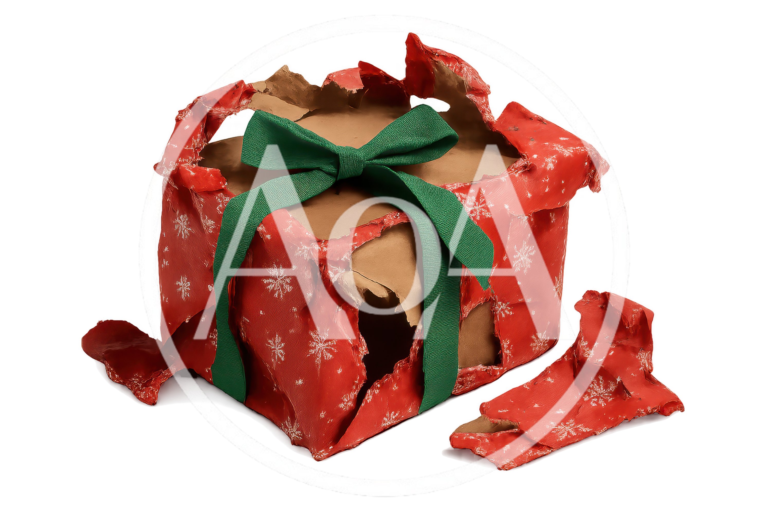 Torn Red Christmas Gift Box With Green Ribbon