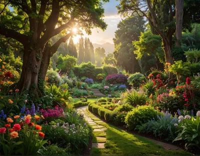 Sunlit Garden Path Through Lush Botanical Landscape