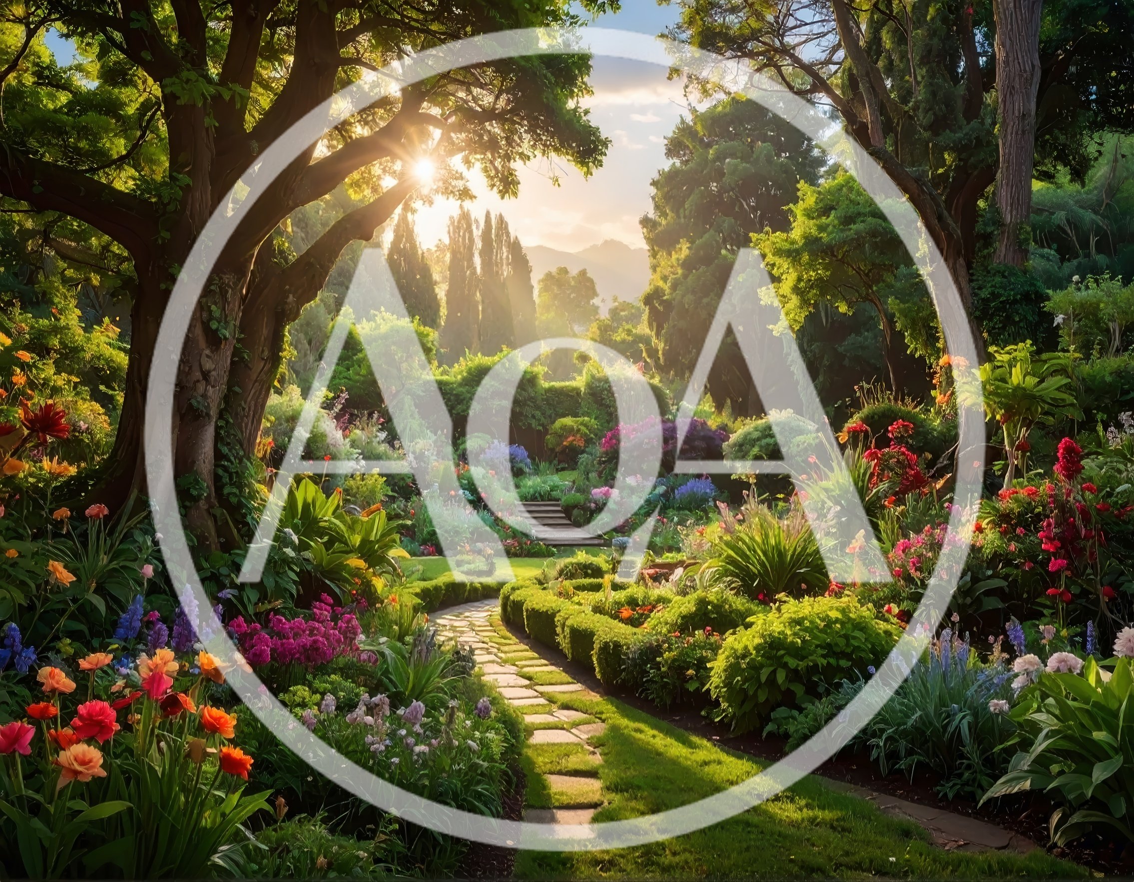 Sunlit Garden Path Through Lush Botanical Landscape