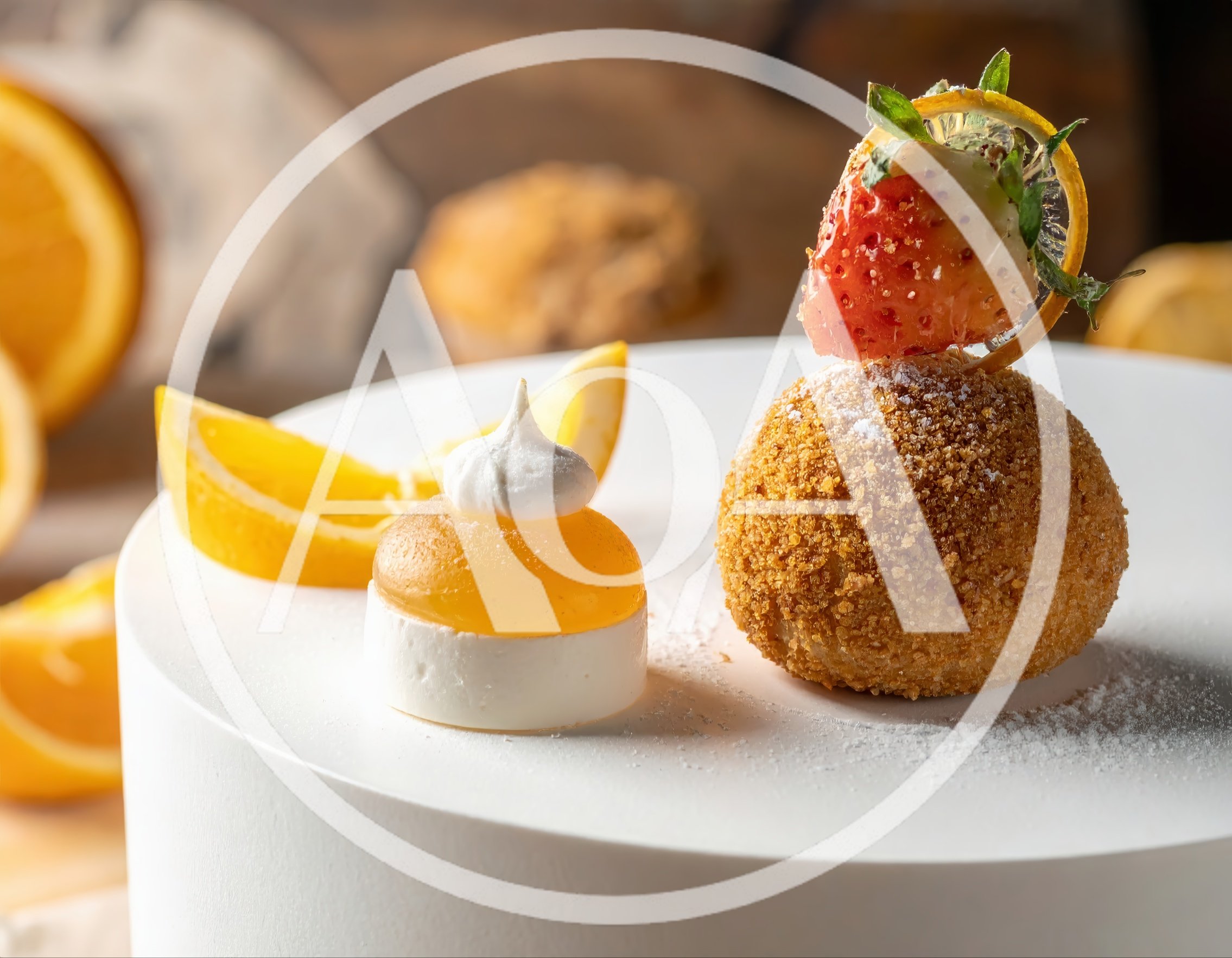 Gourmet Dessert Plating With Fried Ball And Citrus