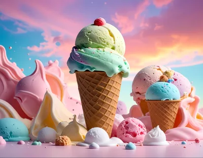 Assorted Ice Cream Cones Against A Pastel Sunset Sky