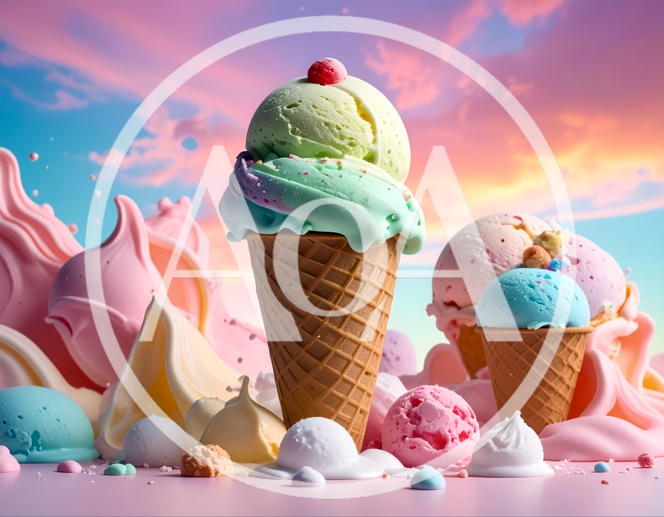 Assorted Ice Cream Cones Against A Pastel Sunset Sky