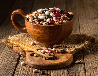 Wooden Bowl Filled With Assorted Dried Beans