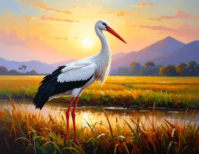 White Stork Standing in a Golden Sunset Wetland