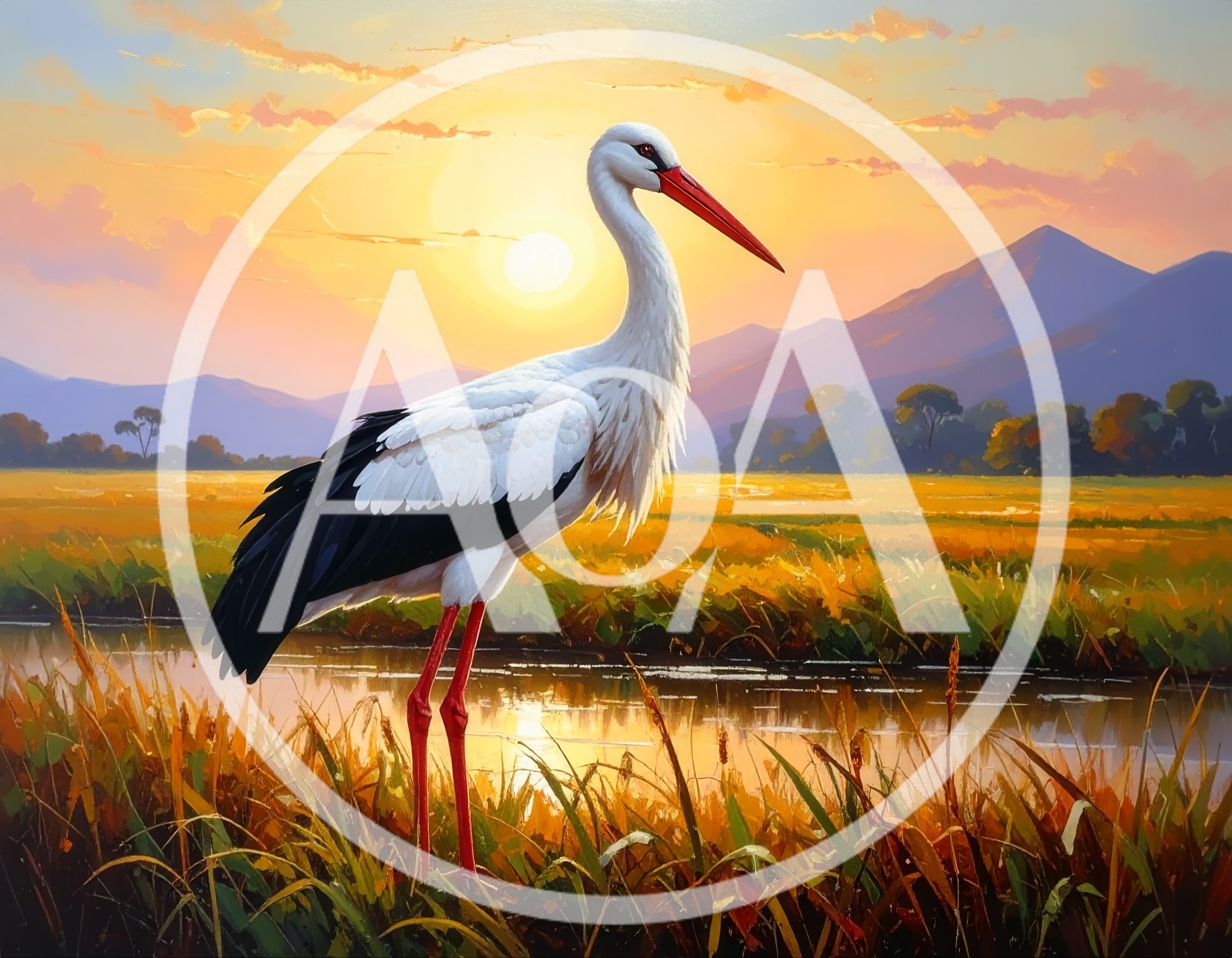 White Stork Standing in a Golden Sunset Wetland