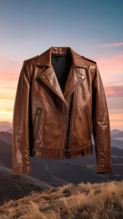 Brown Leather Biker Jacket Floating Against Sunset Landscape