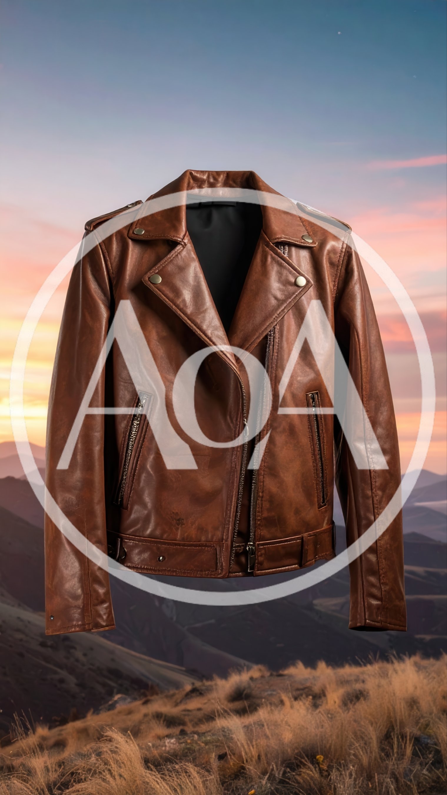 Brown Leather Biker Jacket Floating Against Sunset Landscape