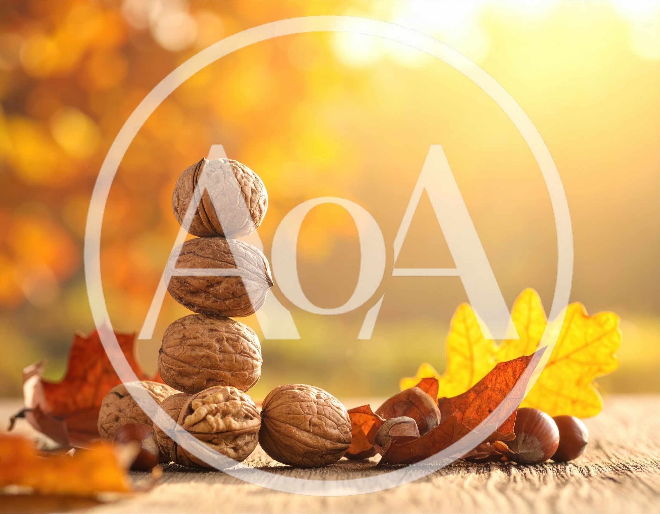 Walnut Stack and Autumn Leaves on Wooden Table