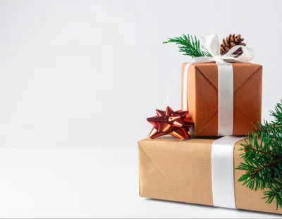 Two Wrapped Christmas Gift Boxes With Pine Decorations