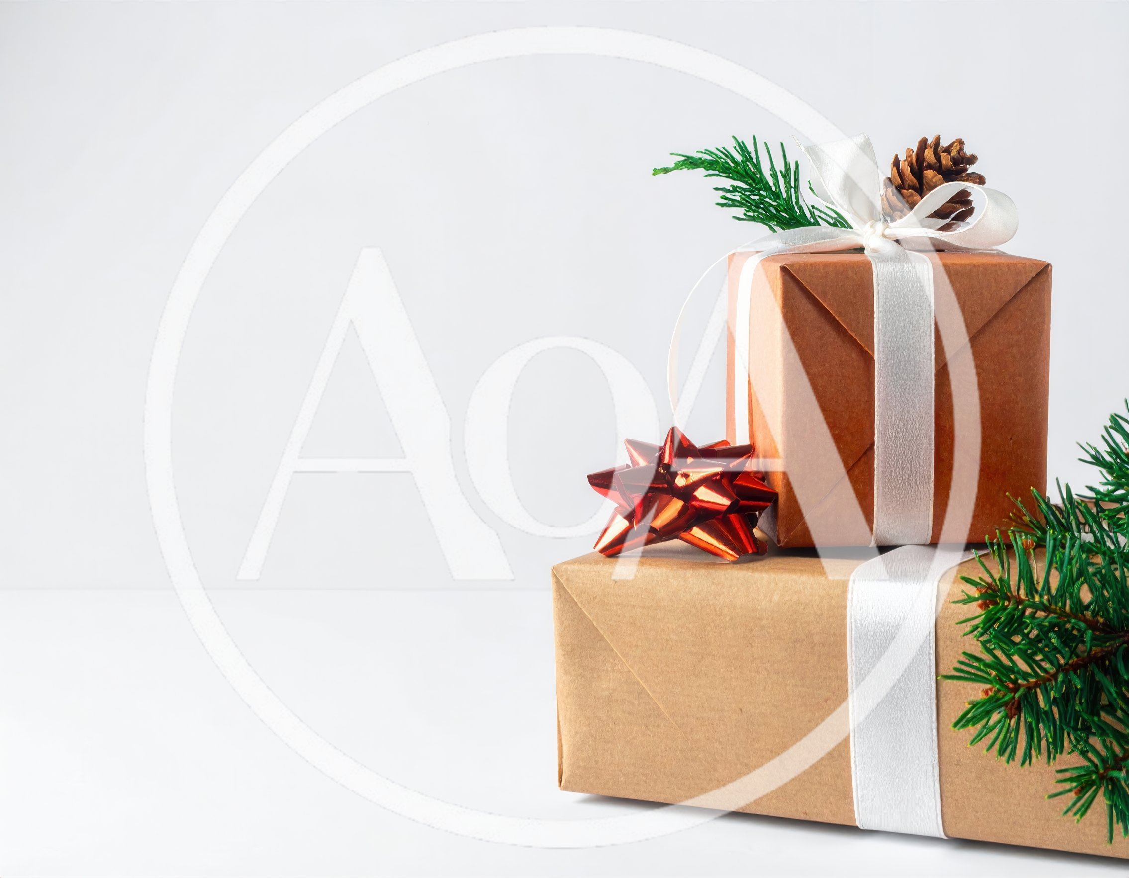 Two Wrapped Christmas Gift Boxes With Pine Decorations