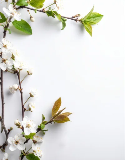 White Cherry Blossom Branches on White Background