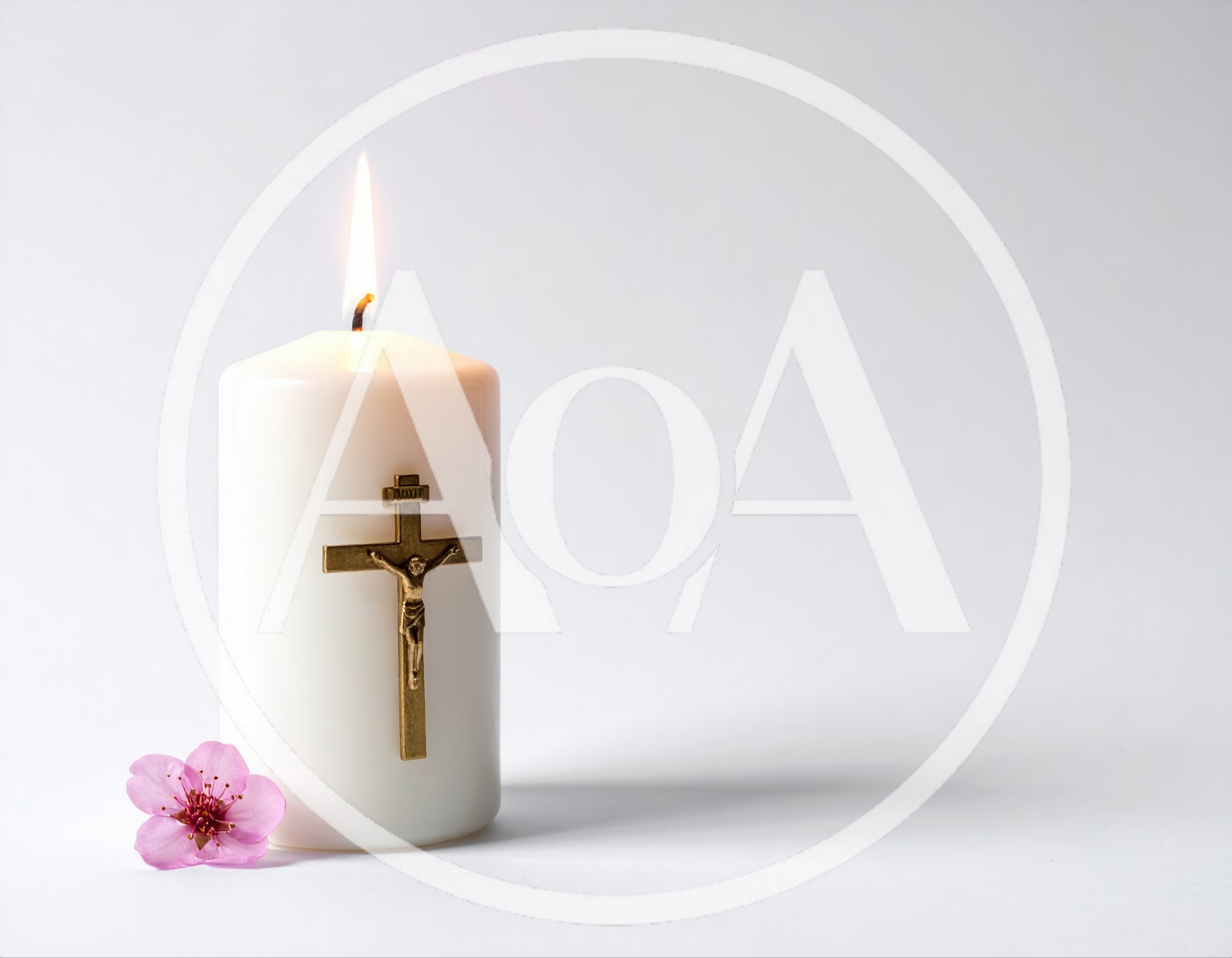Lit White Candle With Crucifix And Pink Flower