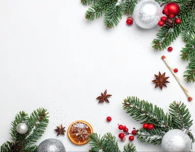 Christmas Flat Lay With Ornaments And Fir Branches